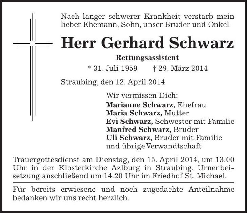 Traueranzeige Gerhard Schwarz