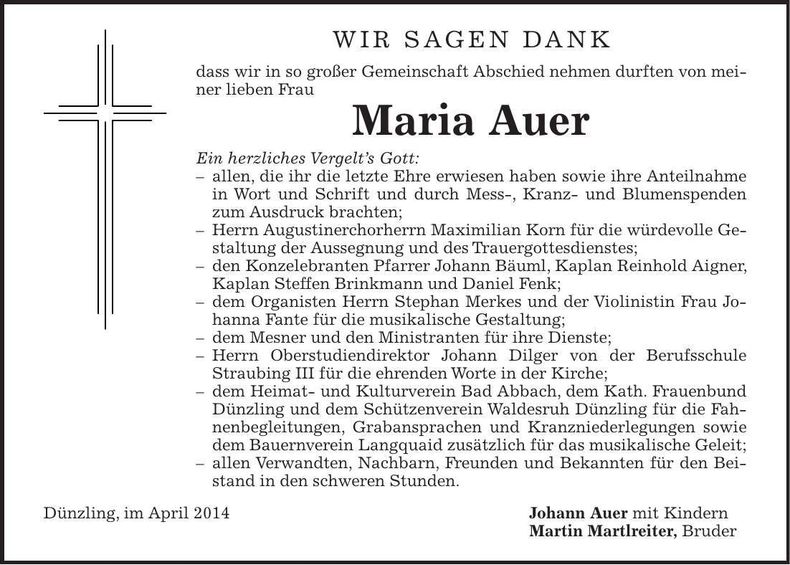 Traueranzeige Maria Auer
