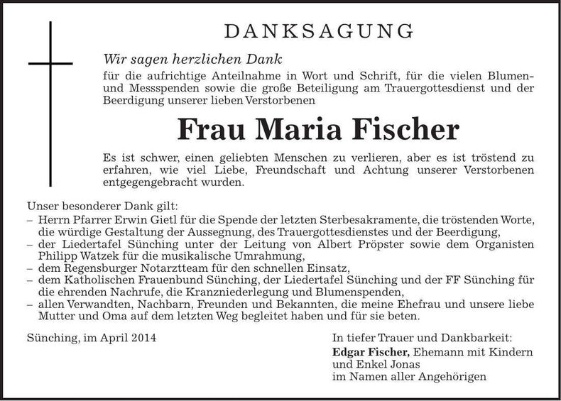 Traueranzeige Maria Fischer