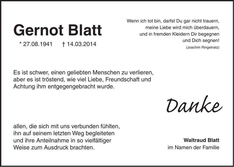 Traueranzeige Gernot Blatt
