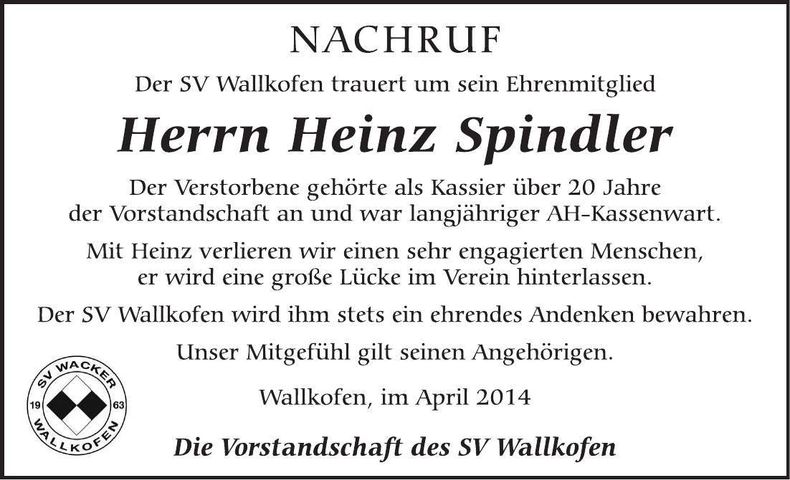 Traueranzeige Heinz Spindler