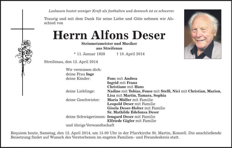 Traueranzeige Alfons Deser