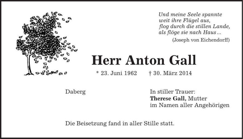 Traueranzeige Anton Gall