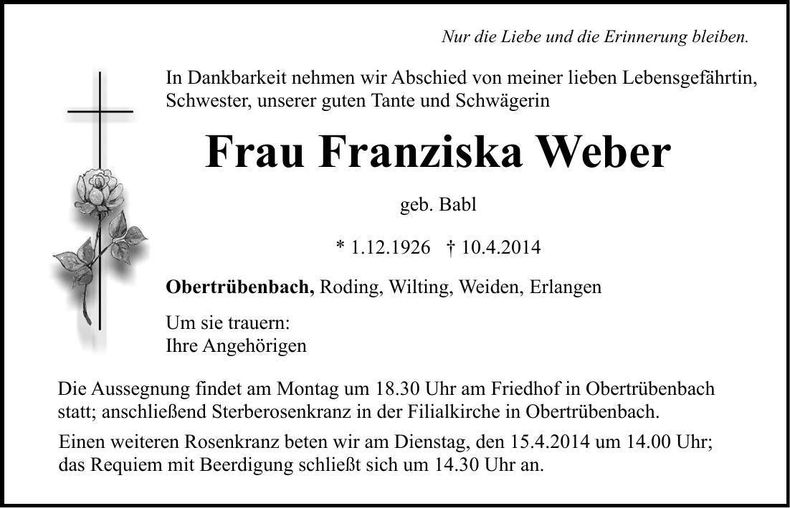 Traueranzeige Franziska Weber