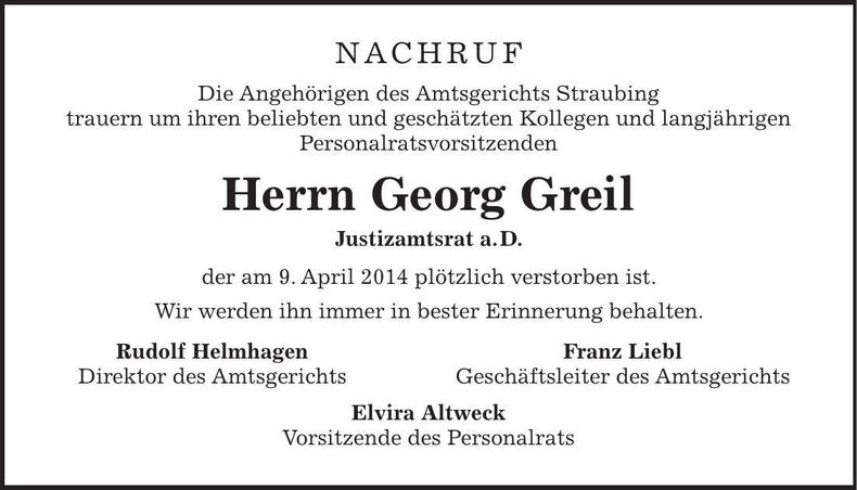 Traueranzeige Georg Greil