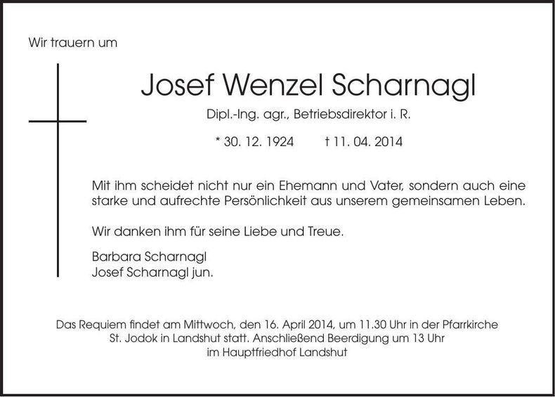 Traueranzeige Josef Wenzel Scharnagl