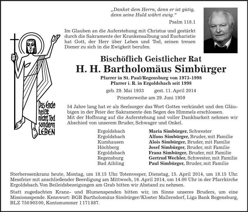Traueranzeige Bartholomäus Simbürger