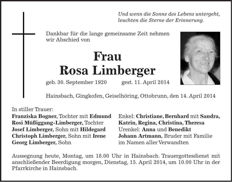 Traueranzeige Rosa Limberger