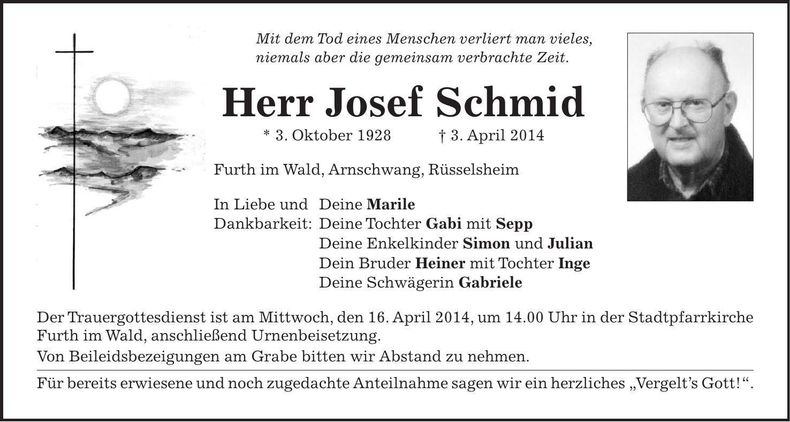Traueranzeige Josef Schmid