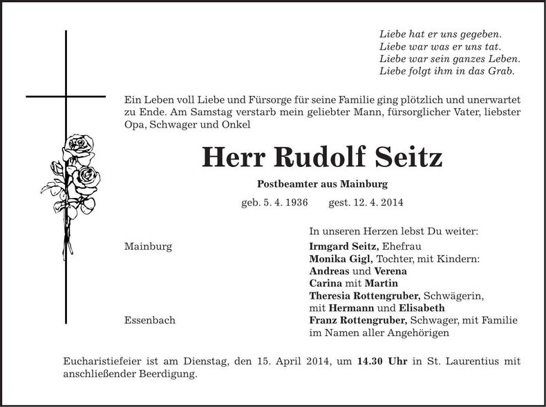 Traueranzeige Rudolf Seitz