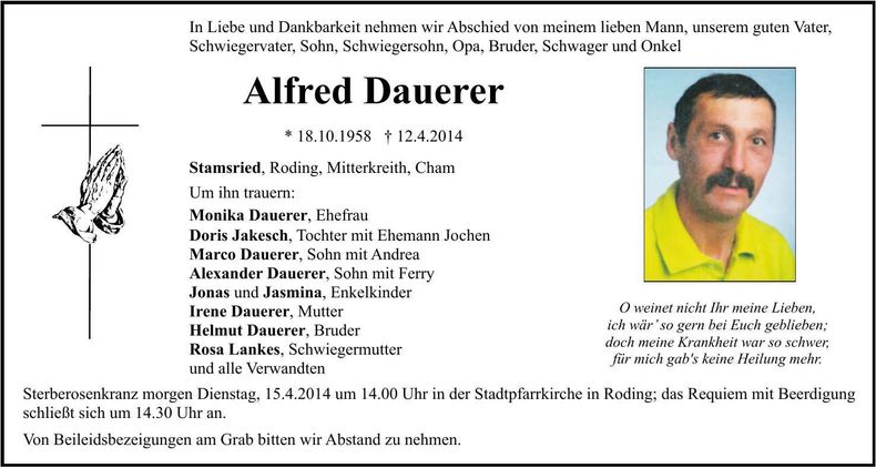 Traueranzeige Alfred Dauerer