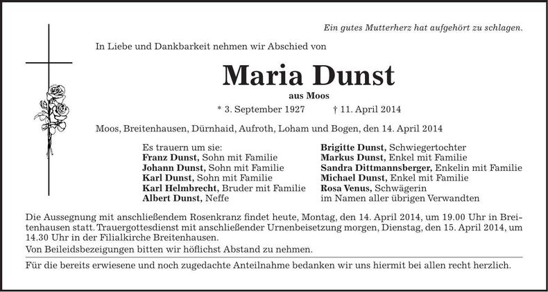 Traueranzeige Maria Dunst