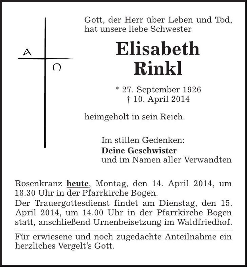 Traueranzeige Elisabeth Rinkl