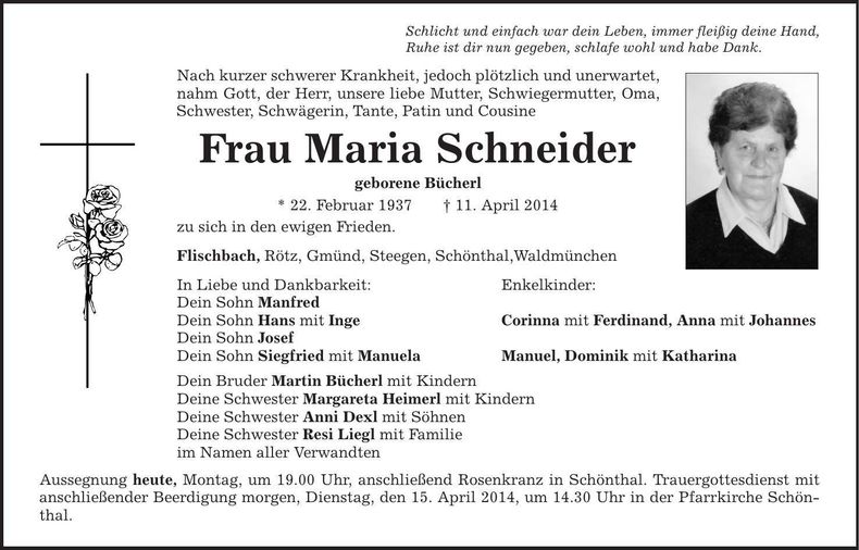 Traueranzeige Maria Schneider