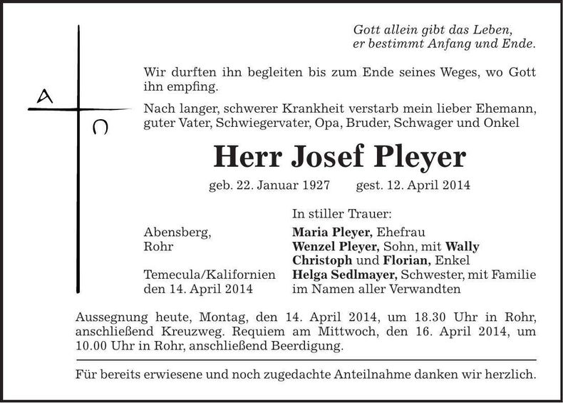 Traueranzeige Josef Pleyer