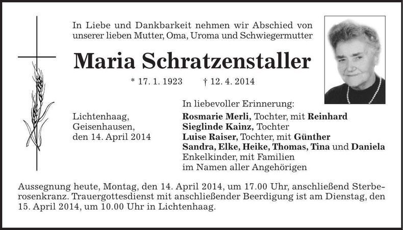 Traueranzeige Maria Schratzenstaller