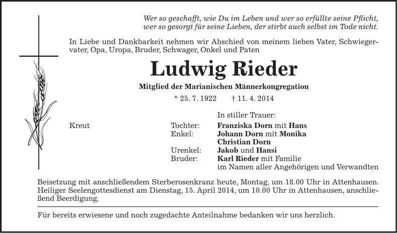 Traueranzeige Ludwig Rieder