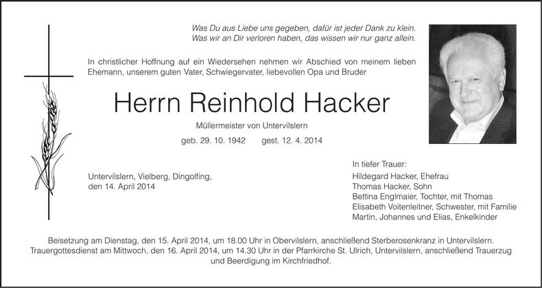 Traueranzeige Reinhold Hacker