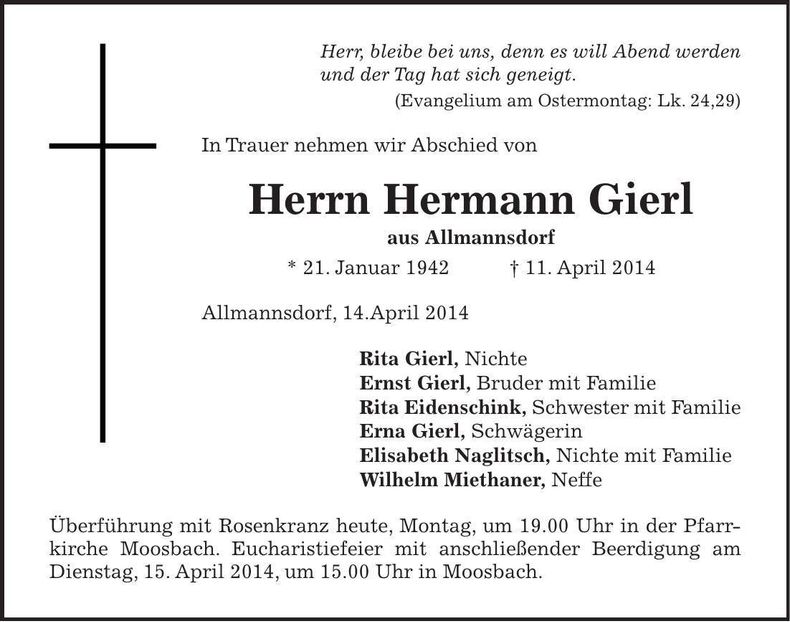 Traueranzeige Hermann Gierl
