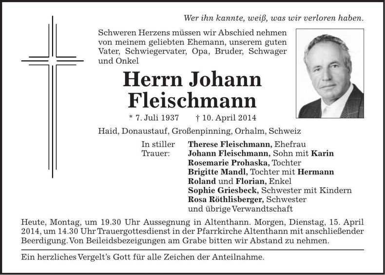 Traueranzeige Johann Fleischmann