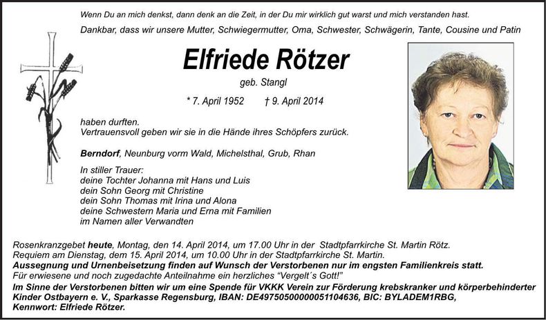 Traueranzeige Elfriede Rötzer