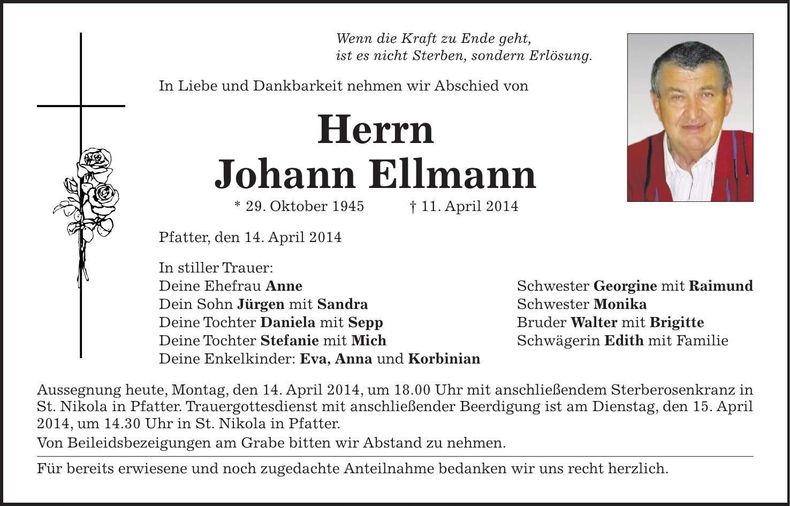 Traueranzeige Johann Ellmann
