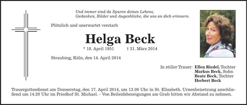 Traueranzeige Helga Beck