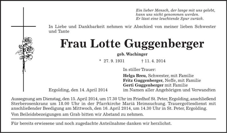 Traueranzeige Lotte Guggenberger