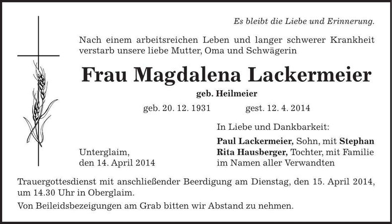 Traueranzeige Magdalena Lackermeier