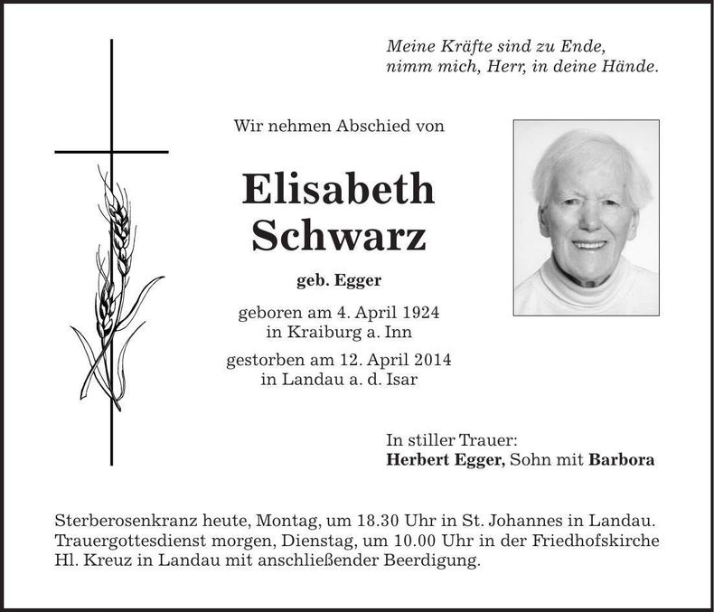 Traueranzeige Elisabeth Schwarz