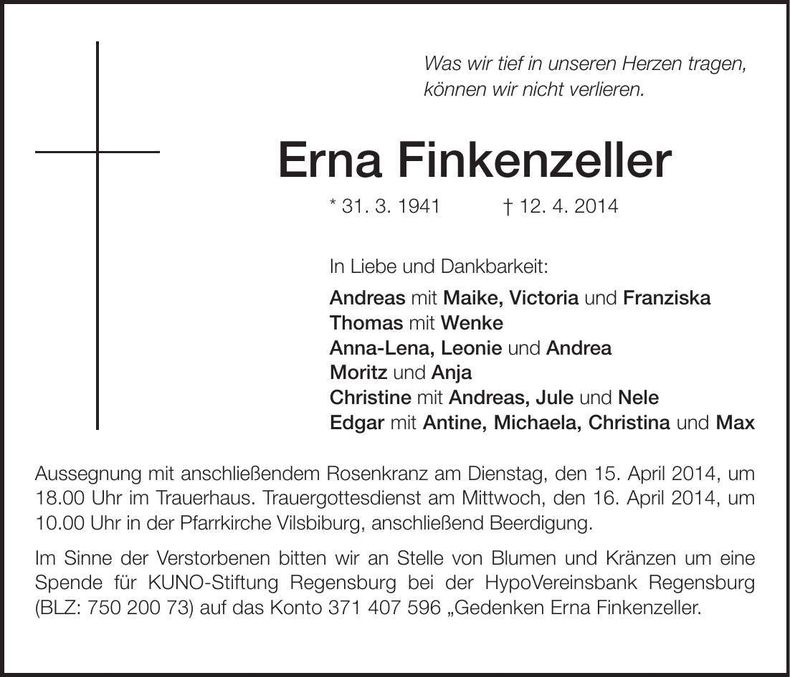 Traueranzeige Erna Finkenzeller