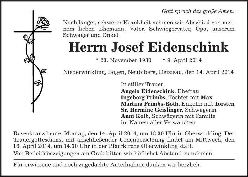 Traueranzeige Josef Eidenschink