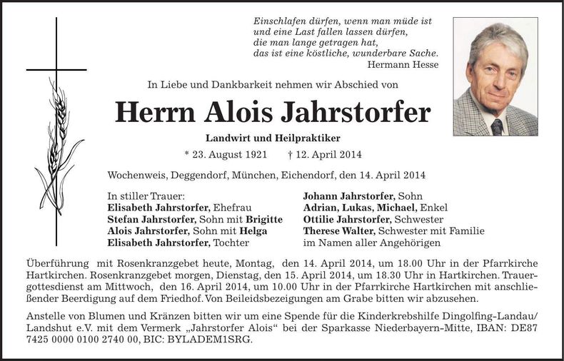 Traueranzeige Alois Jahrstorfer
