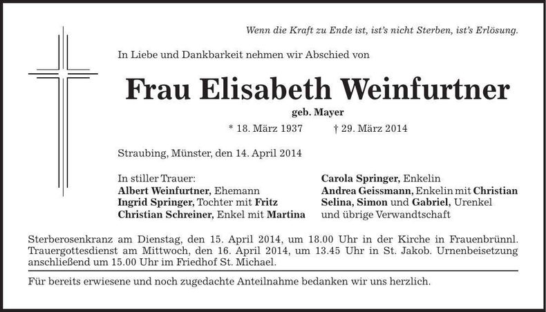 Traueranzeige Elisabeth Weinfurtner