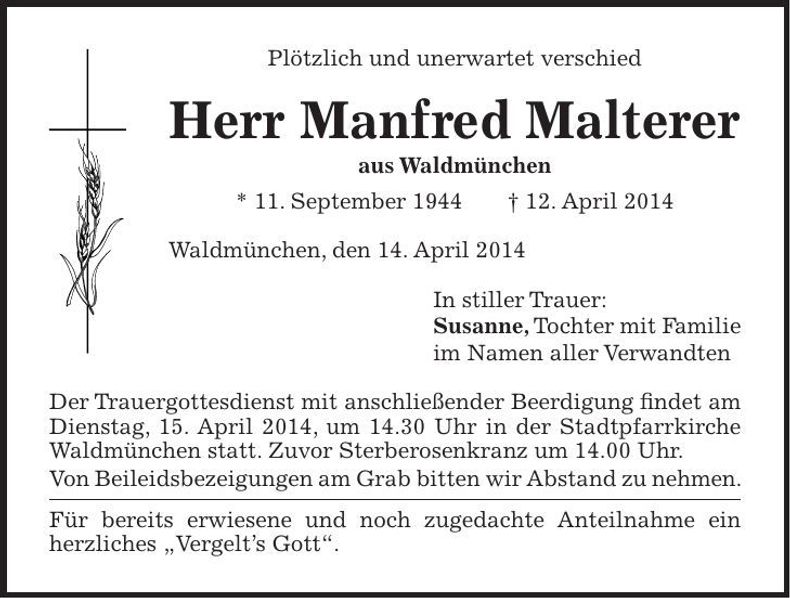 Traueranzeige Manfred Malterer