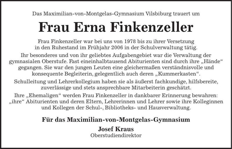 Traueranzeige Erna Finkenzeller