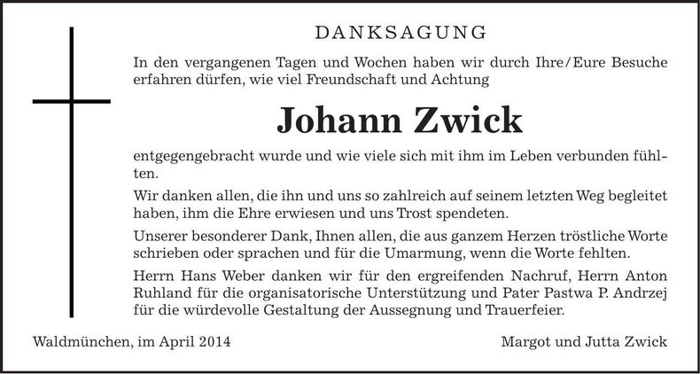 Traueranzeige Johann Zwick