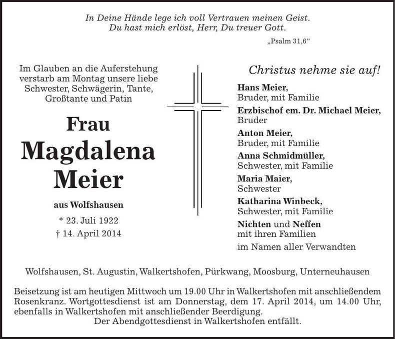 Traueranzeige Magdalena Meier