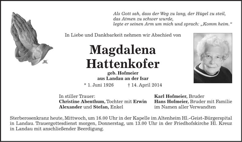 Traueranzeige Magdalena Hattenkofer