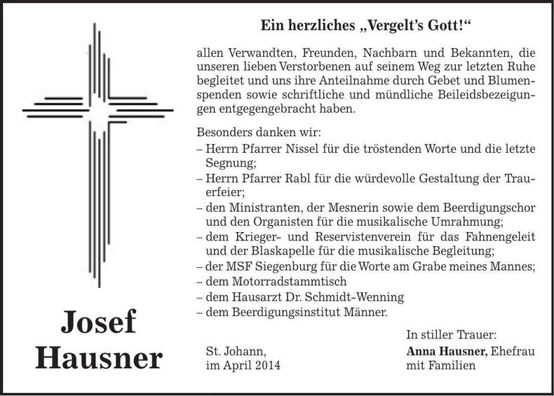 Traueranzeige Josef Hausner