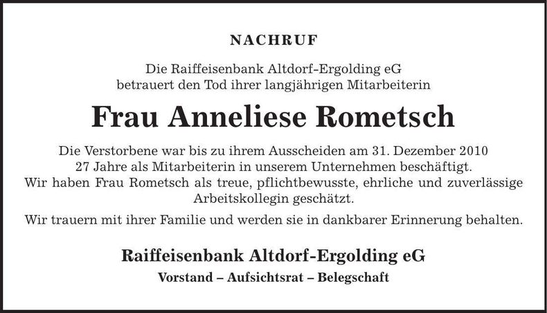 Traueranzeige Anneliese Rometsch