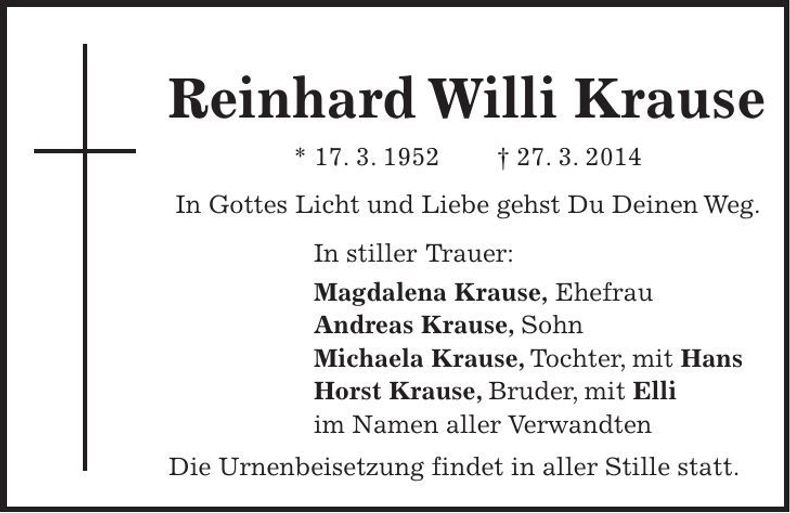 Traueranzeige Reinhard Willi Krause