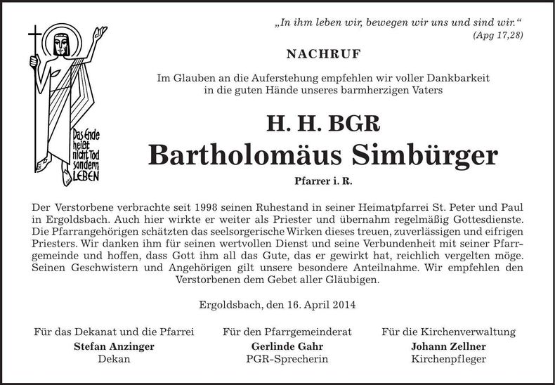 Traueranzeige Bartholomäus Simbürger