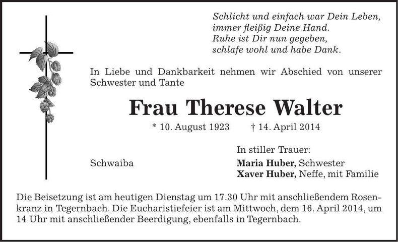 Traueranzeige Therese Walter