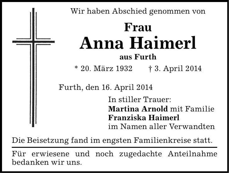 Traueranzeige Anna Haimerl