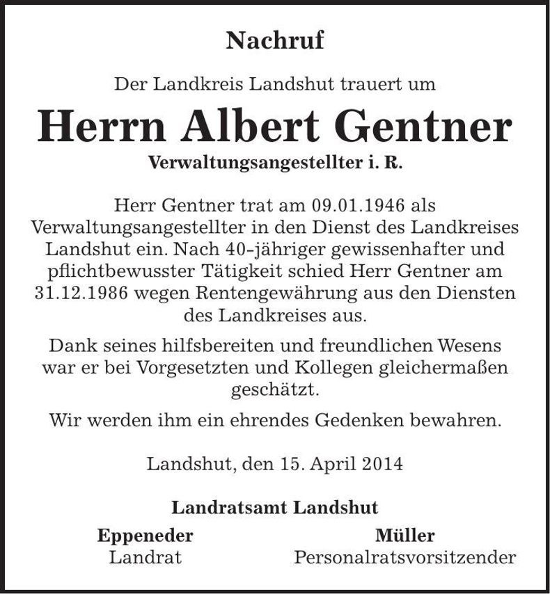 Traueranzeige Albert Gentner