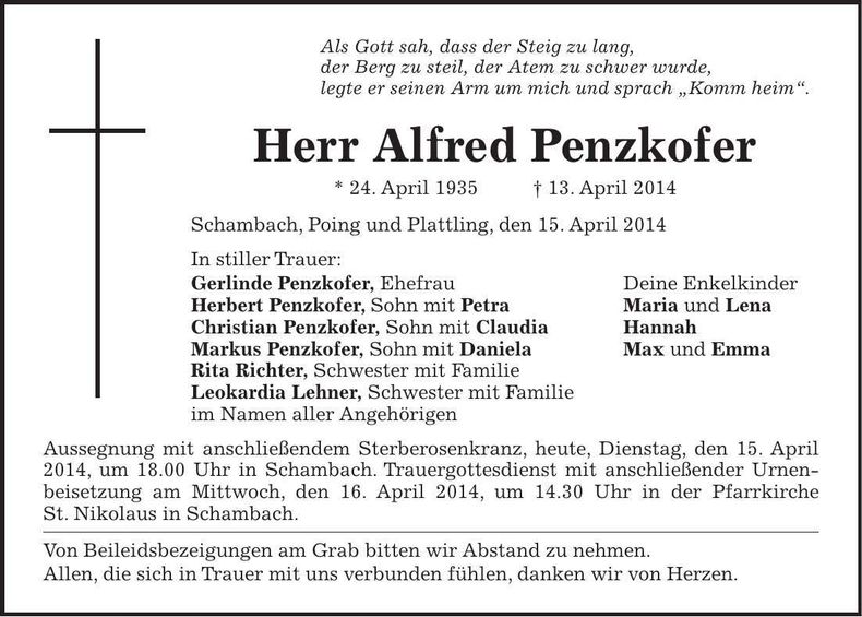 Traueranzeige Alfred Penzkofer