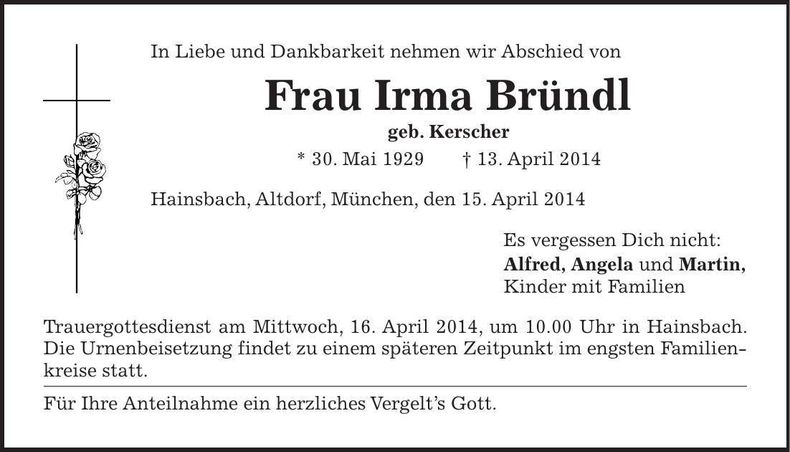 Traueranzeige Irma Bründl