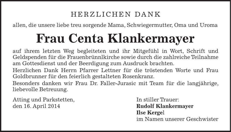 Traueranzeige Centa Klankermayer