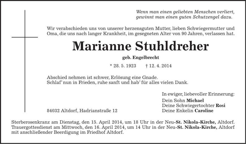 Traueranzeige Marianne Stuhldreher